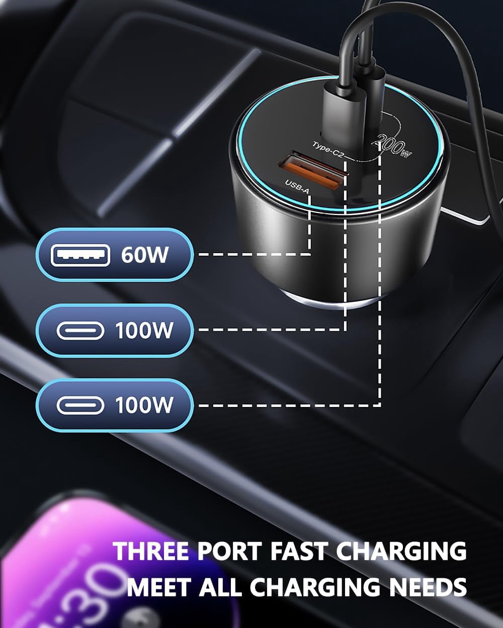 200W Car Charger, USB C Car Charger PD3.0 QC4.0 PPS Fast Charging Car Adapter with 2 100W USB C Cable 3 Port Type C Cigarette Lighter for Dell XPS, MacBook, iPhone 16 15 14, Galaxy S24 Ultra