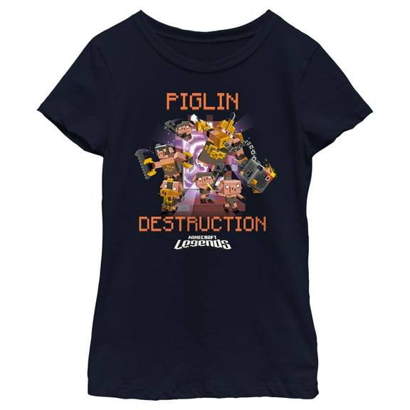 Girl's Minecraft Legends Piglin Destruction  Graphic Tee Navy Blue Large