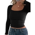 thumbnail image 1 of Gupgi Women Ruched Crop Top Long Sleeve Square Neck Slim Basic Solid Tee Shirt, 1 of 7