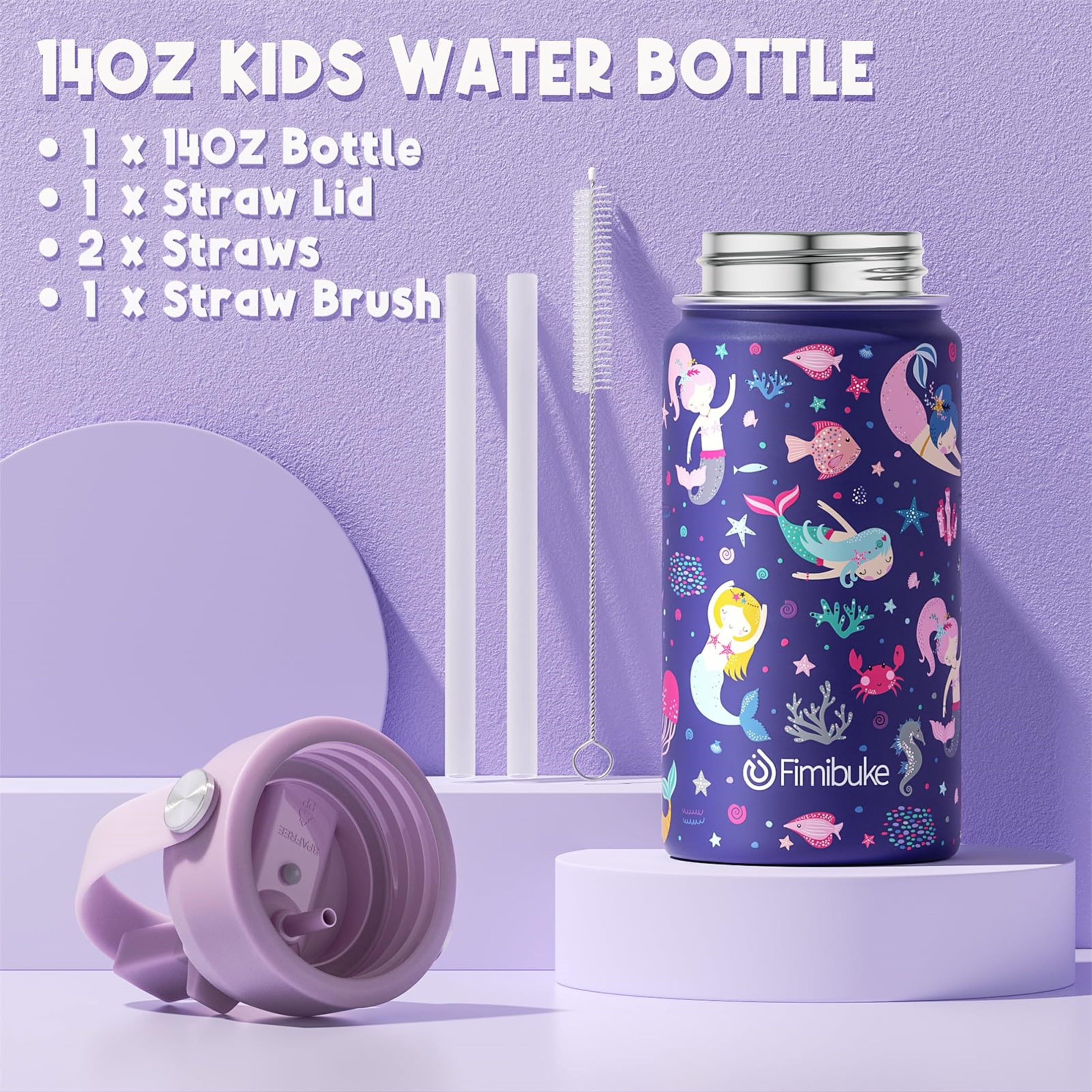 Bento Lunch Box with 4 Compartments, Insulated lunch Bag, 14oz Stainless Steel Water Bottle, Ice Pack, Utensils Set (Mermaid)