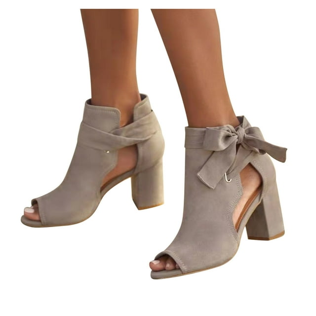 Leozcaa Womens Peep Toe Ankle Booties Chunky Heels Cutout Back Zipper Sandals Suede Side Ankle Strap