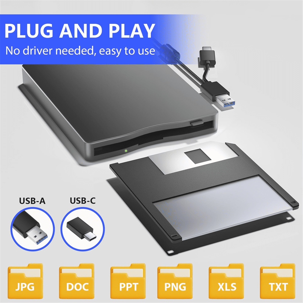 Floppy Disk Reader, 3.5 Inch External Drive with USB Type-C, Portable FDD for Laptop PC