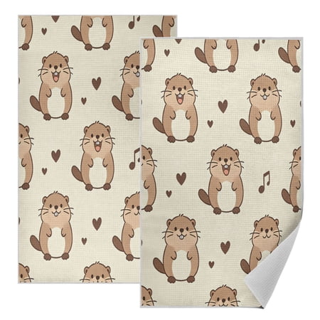 Wobogo Kawaii Beaver Waffle Weave Kitchen Towels 2 Pack Absorbent Microfiber Dish Towels Quick Dry Cleaning Cloth