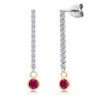 Gem Stone King 14K Two Tone Gold Red Created Ruby and Lab Grown Diamond Earrings for Women | 0.86 Cttw | Gemstone July Birthstone | Round 4MM
