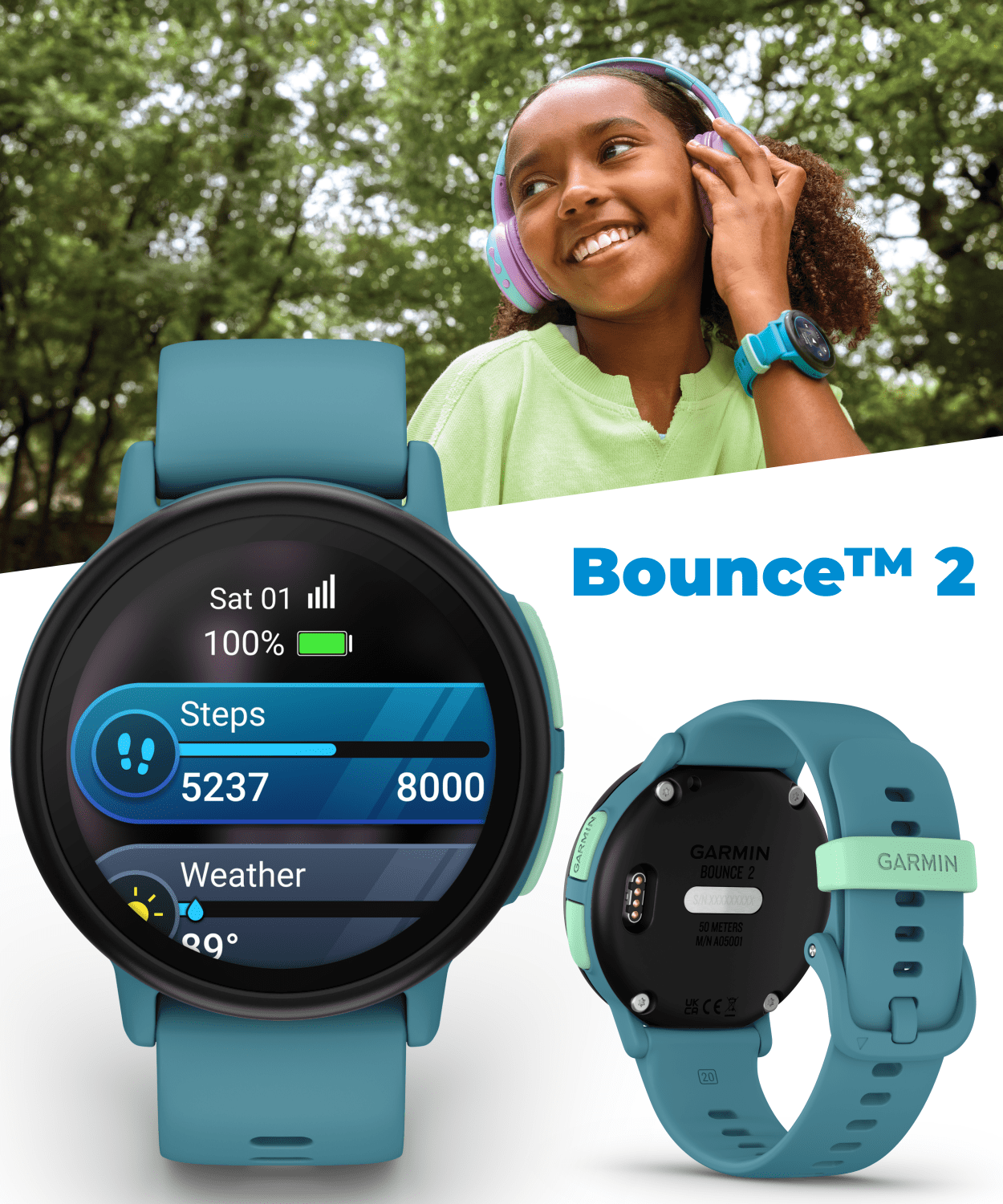 Garmin Bounce 2 Kids Smartwatch with LTE – Two-Way Calling, Text Messaging, Real-Time GPS Tracking, Swim-Friendly AMOLED Display, Music, Turquoise w/Wearable4U PowerBank Bundle