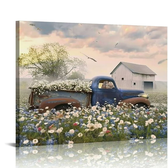 ARISTURING  Old Truck Canvas Wall Art Farmhouse Pictures Wall, Rustic Barn Sage Green White Flowers Windmill Paintings Pictures Print Classic Country Decoration Living Room Bedroom