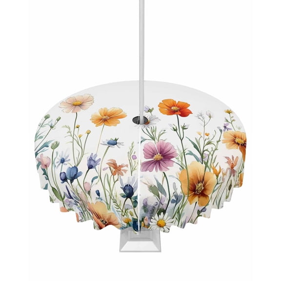 Hokiten Outdoor Tablecloths with Umbrella Hole & Zipper, Spring Floral Round Tablecloths 60 Inch, Pastoral Botanical Watercolor Flowers Waterproof Table Cloth, Patio/Pool/Picnic Table Covers