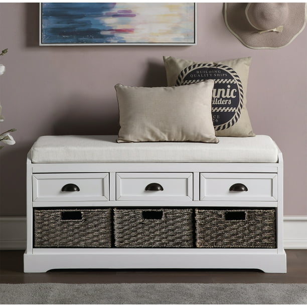 Storage Entryway Bench With 3 Drawers, White Hall Bench Storage With Baskets And Cushion