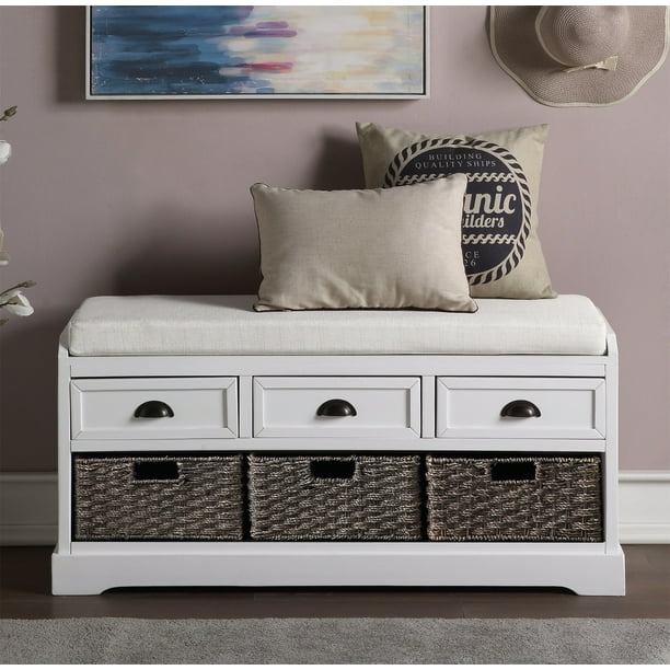Storage Entryway Bench With 3 Drawers And Rattan Baskets Solid Wood Shoe Removable Cushion For Living Room White Com Storage Entryway Bench With 3 Drawers, White Hall Bench Storage With Baskets And Cushion