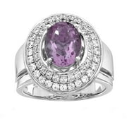 Platinum-Plated Sterling Silver Oval-Cut Amethyst Pave CZ Ring