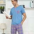 thumbnail image 4 of Defitshape Men's Short Sleeve Shorts Pajama Set Matching Plaid 2 Piece Summer Pajamas Comfy Soft Thin Vintage Fall Henley Shirt Casual Pocket Button Spandex Pjs Blue Orange XX-Large, 4 of 5