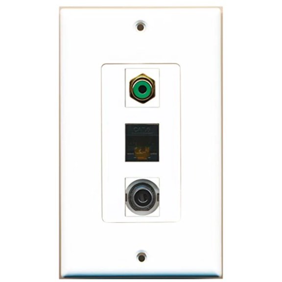 RiteAV - 1 Port RCA Green and 1 Port 3.5mm and 1 Port Cat6 Ethernet Black Decorative Wall Plate Decorative