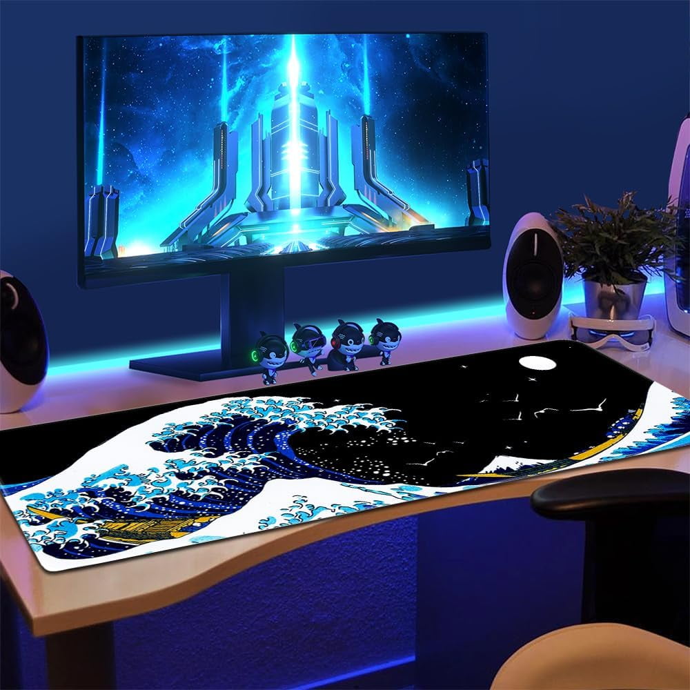 Japanese Sea Waves Large Gaming Mouse Pad, Big Desk Computer Keyboard Mousepad Stitched Edges Mouse Mat XXL 35.4 x 15.7 inches for Women Office Gaming Home (LAN 90x40)