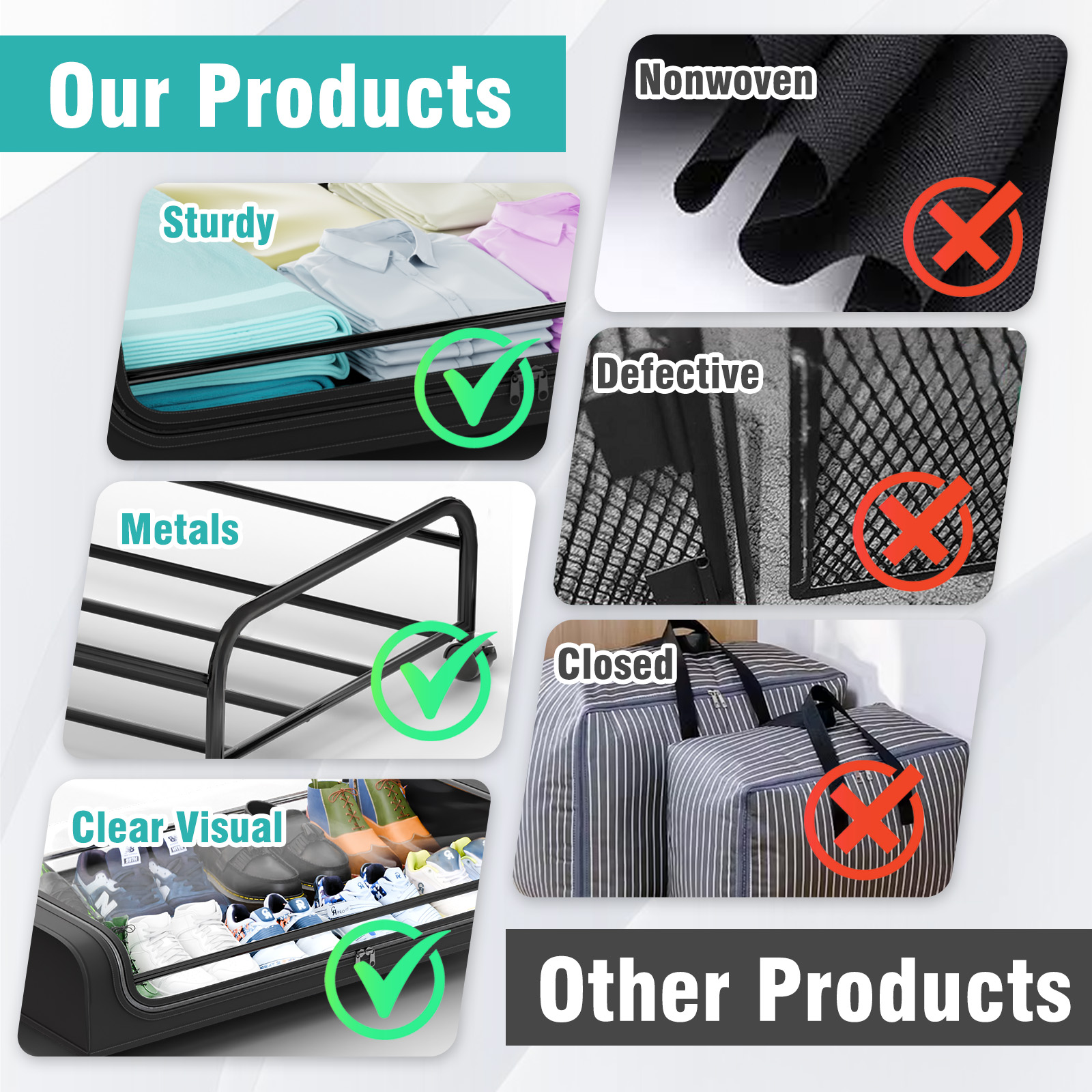 Under Bed Storage with Wheels, 2 Pack Under Bed Storage Containers, Under Bed Shoe Storage Organizer, Rolling Under Bed Metal Drawer for Clothes, Black