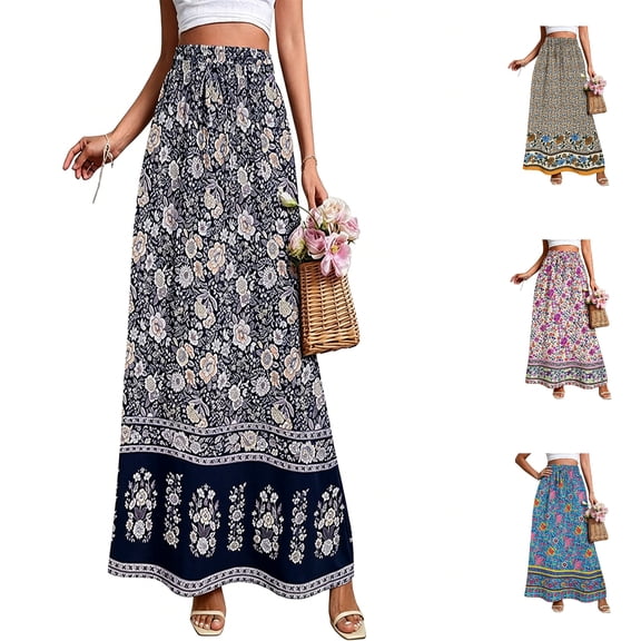 Skirts for Women Floral Print Maxi Skirts Summer Flowy Long Skirts High Waist (White L)
