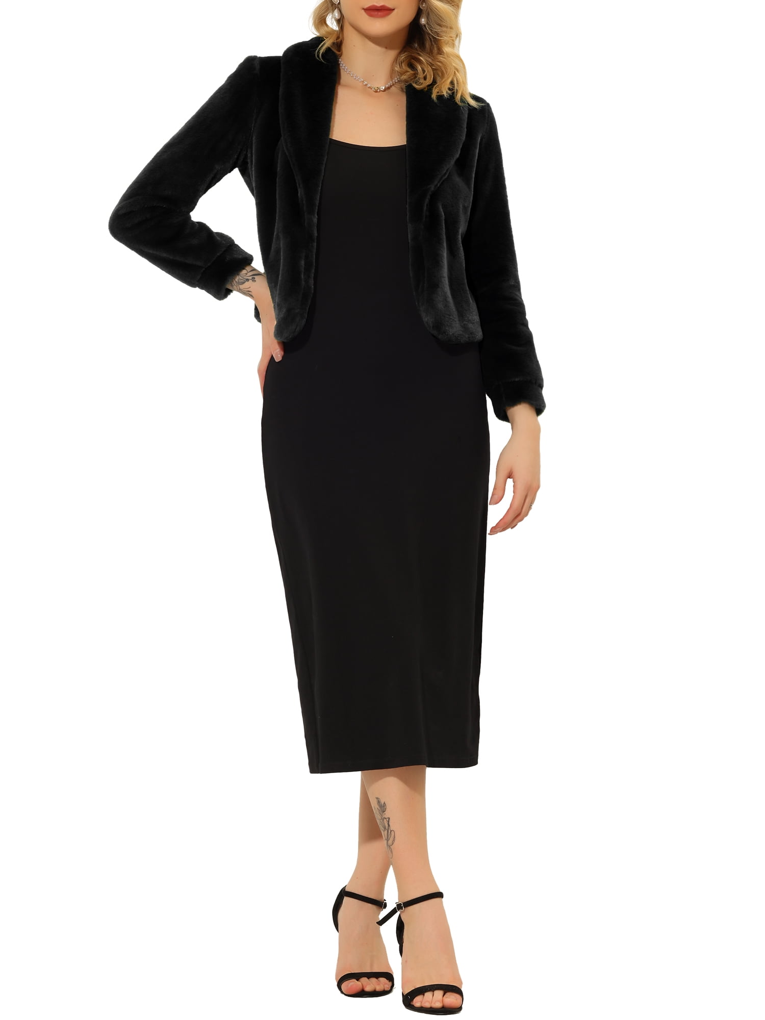 DARING DIVA Women's Notched Lapel Open Front Fleece Cropped Coat S Black