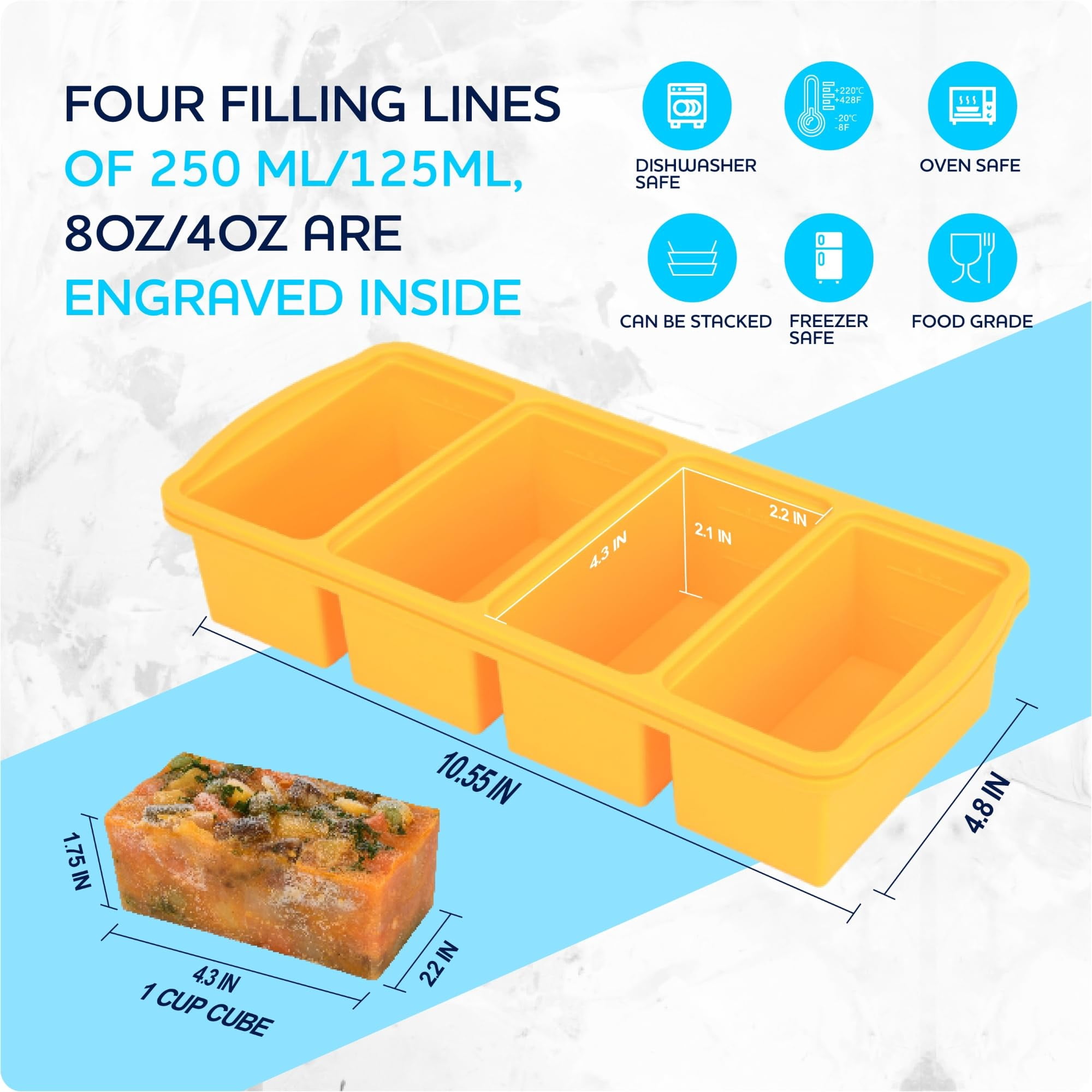 Silicone Freezer Trays With Lid 1-cup Soup Container Large Ice Cube Molds Reinforced Steel Ring Top For Freezing Sauce Broth Leftovers Oven Dishwasher -safe(2-pack)