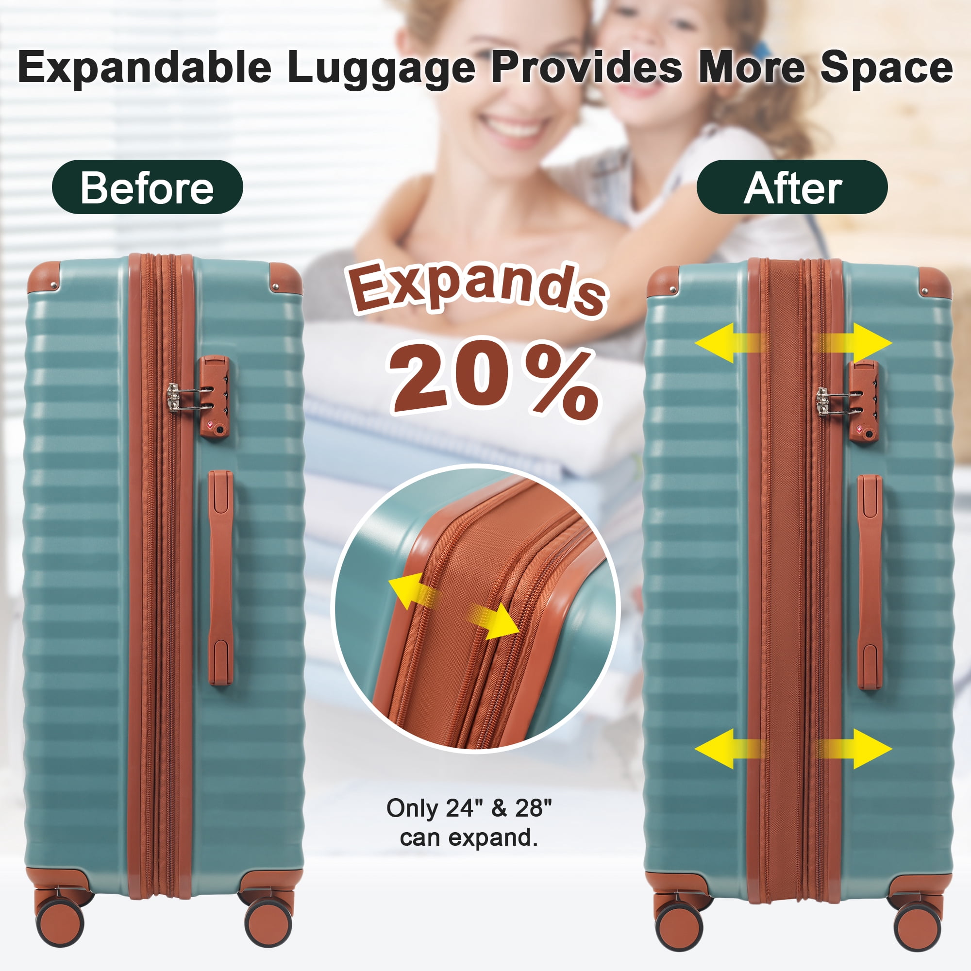 Euroco 5 Piece Luggage Sets Front Opening,Expandable Hardshell Suitcase with Spinner Wheels,2 Bags and TSA Lock,Lightweight Carry on Luggage with USB Port and Cup Holder(20"/24"/28"),Antique Blue