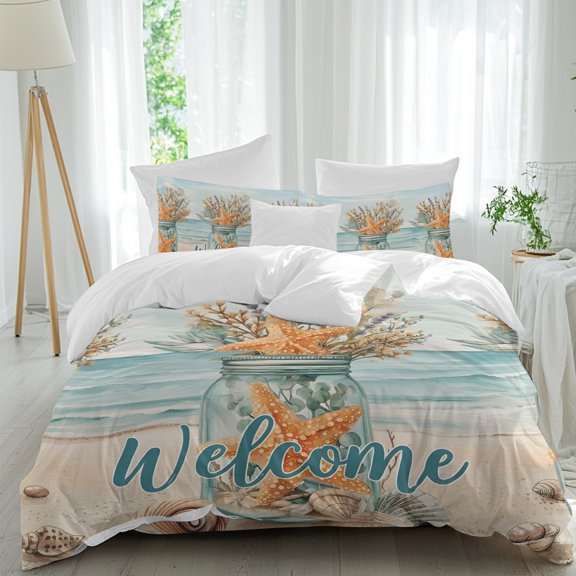 Flowers Starfish Welcome Bedding Duvet Cover Set King Size 4 Pieces, Coastal Rustic Boho Green Orange Beach Bedding Set with Zipper Closure, 1 Comforter Cover 104x90in 1 Flat Sheet & 2 Pillow Cases