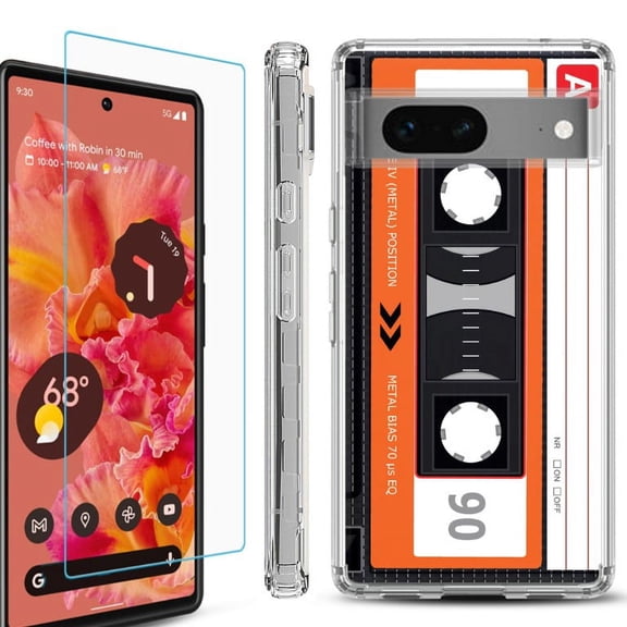 OneToughShield ® Compatible with Google Pixel 8, Shockproof Phone Case, with Tempered Glass Screen Protector - Cassette Orange