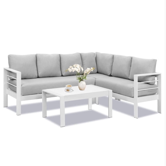 4-Piece Modern Aluminum Sectional Patio Conversation Set, 7-Seat Outdoor Sofa with Thick light Gray Cushions & White Frame and Coffee Table