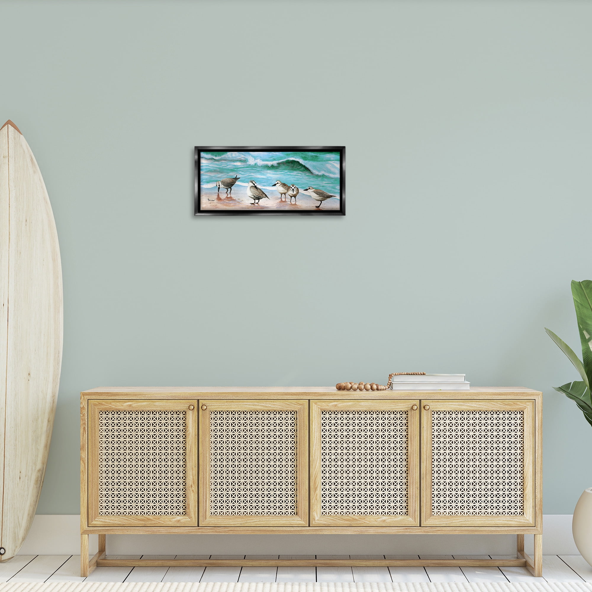 Stupell Industries Sandpipers Along Beach Shore Animals & Insects Painting Black Floater Framed Canvas Art Print Wall Art, 25 x 11