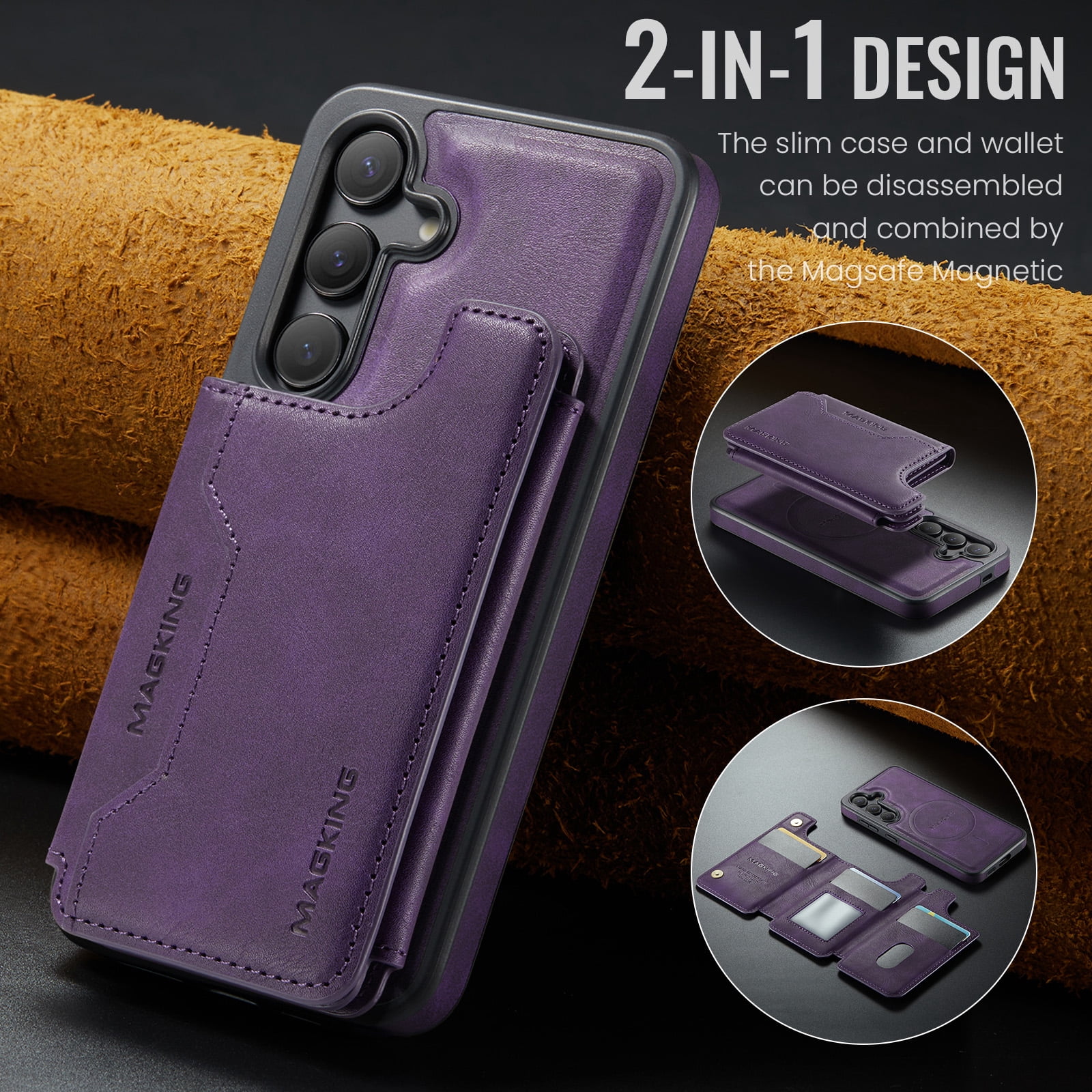 Designed for Samsung Galaxy S25+ Wallet Phone Case,Magnetic Detachable Flip Card Holder,Back Flip Kickstand,Compatible with Mag-Safe,2-in-1 PU Leather Heavy Duty Shockproof Phone Case,Purple