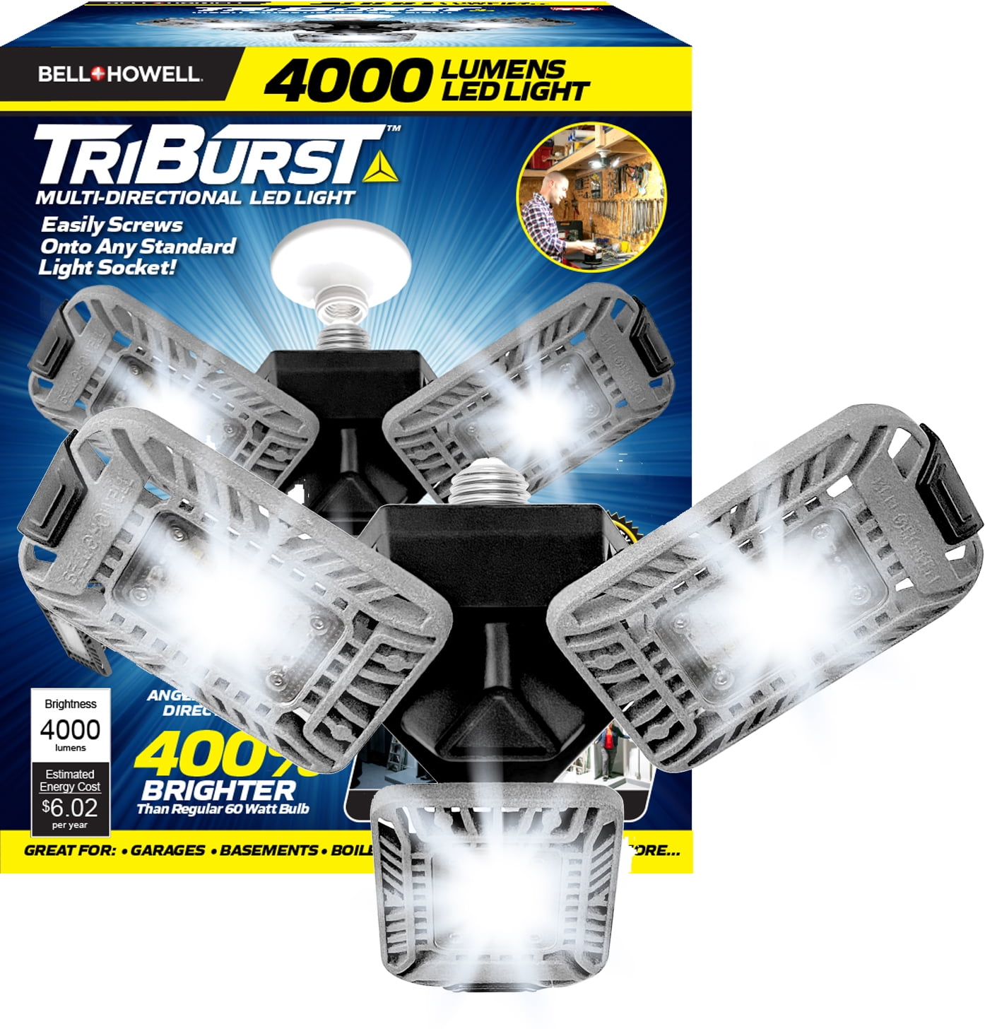 Bell+Howell TriBurst High Intensity Lighting with 144 LED Bulb, Multi-Directional Triple Panel Light for Indoor and Outdoor, Garage Light