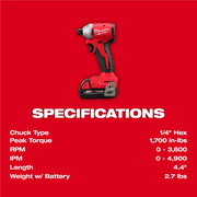 Milwaukee VIPRB-3650-21P, 18V Cordless 1/4 Impact Driver, 2.0Ah, 3600 RPM