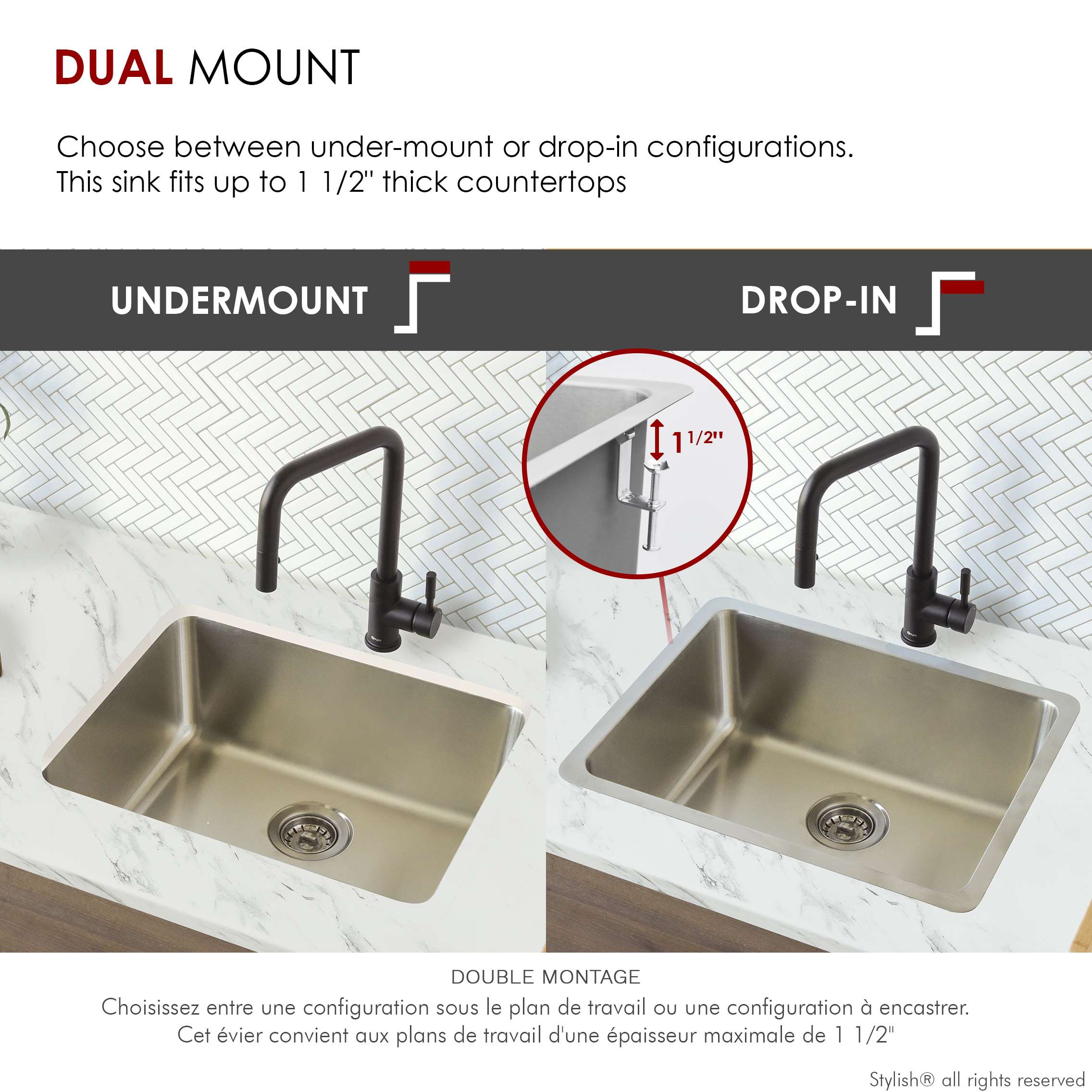 Stylish Dual Mount 23" Stainless Steel Single-Bowl Kitchen Sink with 1 Accessorie S-203T