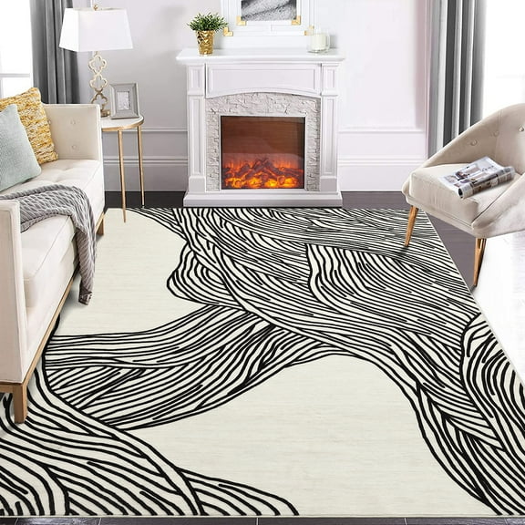 Towallmark 9'x12' Large Modern Area Rugs for Living Room Machine Washable Rugs Contemporary Stripes Print Accent Rug Indoor Soft Lightweight Rug Non Slip Backing Throw Carpet, Black and White