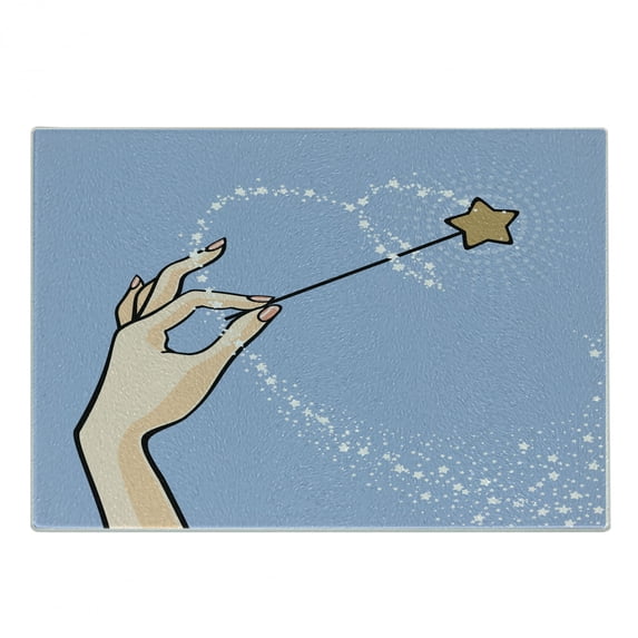 Magic Cutting Board, Woman Hand Holding Star Shape Magic Wand Fairytale Cartoon, Decorative Tempered Glass Cutting and Serving Board, in 3 Sizes, by Ambesonne