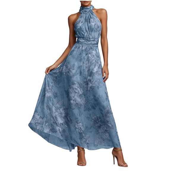 Levmjia Women's Halter Maxi Dress Floral Print Sleeveless Tie Waist Summer Dress Flowy Elegant Evening Party Dress