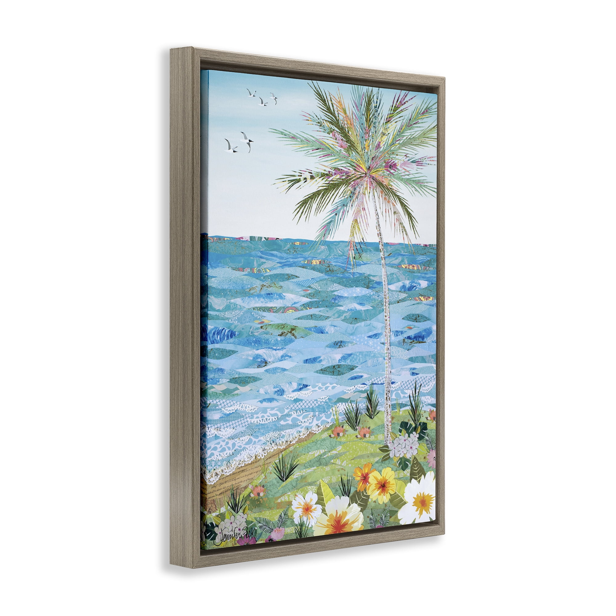 Stupell Industries Collaged Tropical Landscape Landscape Painting Brown Floater Framed Canvas Art Print Wall Art, 21 x 31