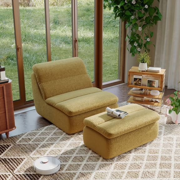 Meeyar Accent Chair with Ottoman, 59" Oversized Boneless Cloud Lounge Chair Set for Small Spaces, Dusty Yellow