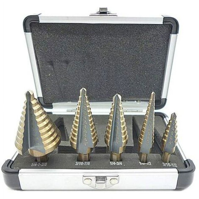 Avellanador escalonado de 5 piezas, broca escalonada con carcasa de aluminio profesional, vástago hexagonal con almohadilla autocentrante, perforación de precisión en acero, metal