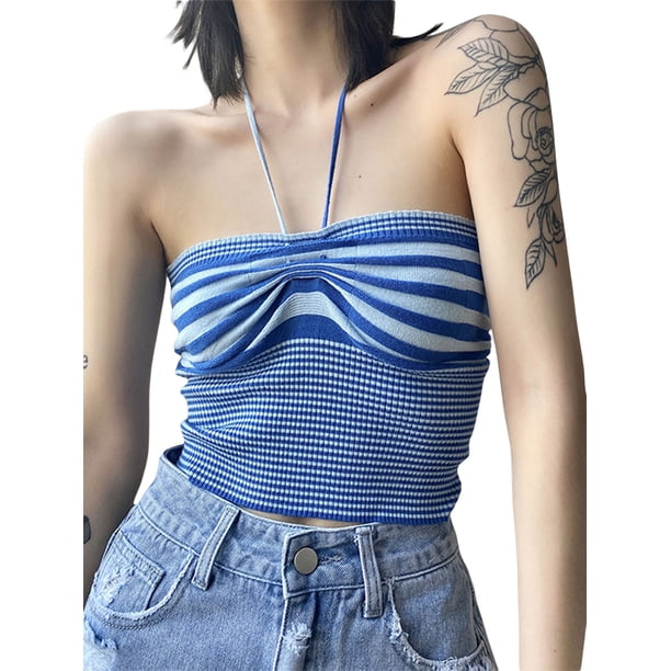 VISgogo - Chaleco de verano para mujer con cuello halter, estampado de rayas, sin mangas, fruncido, ajustado, recortado, sin mangas, camisola de punto VISgogo moda