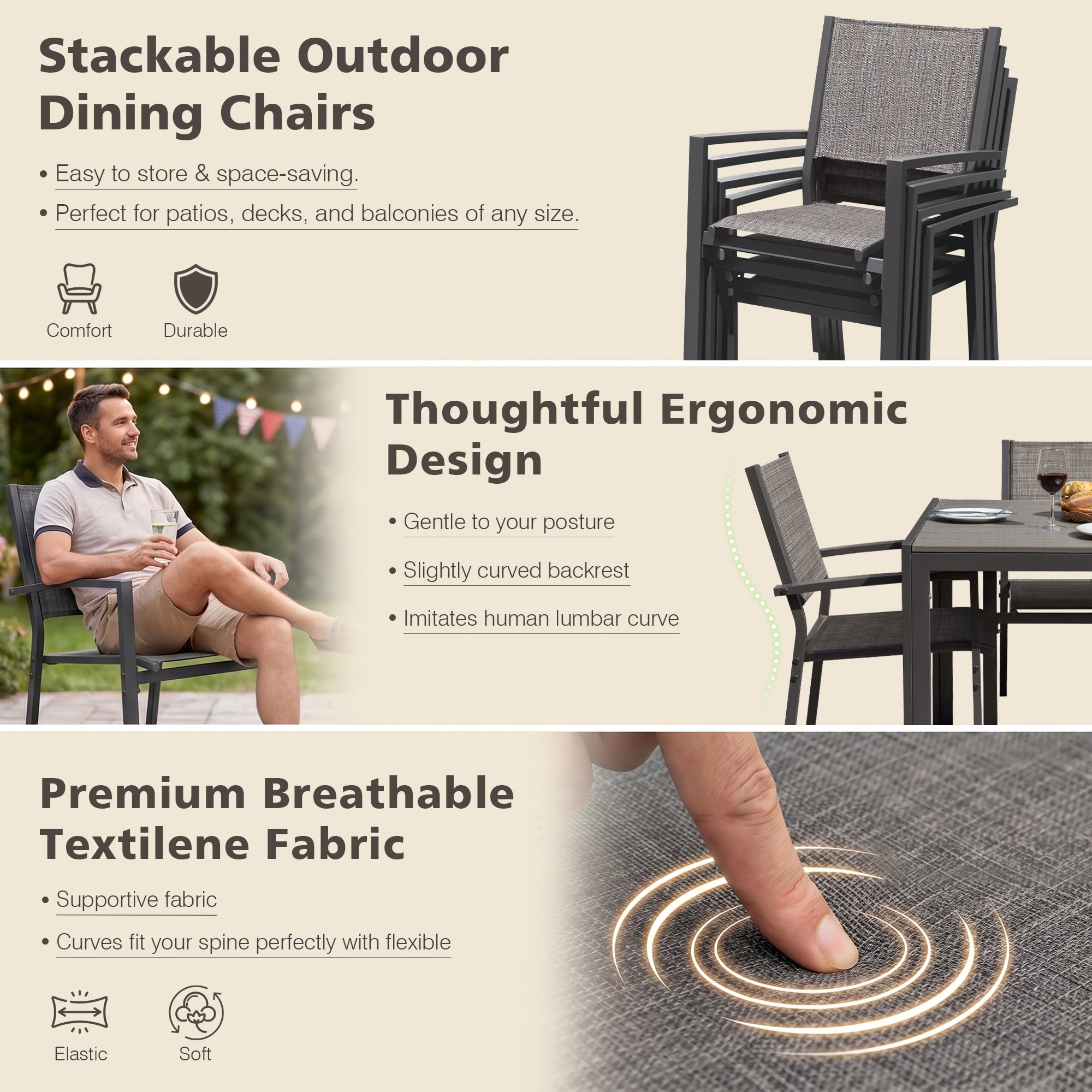 Vineego 7-Piece Outdoor Dining Set for 6, Easy-to-Store Textilene Patio Chairs Rectangular Metal Table for Backyard Garden, Gray