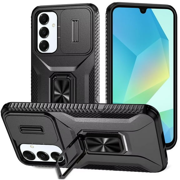 TJS for Samsung Galaxy A16 5G Phone Case, Impact Resistant Slide Camera Cover Shockproof TPU PC Lens Protection Metal Ring Magnetic Support Kickstand Cover for Galaxy A16 5G (Black)