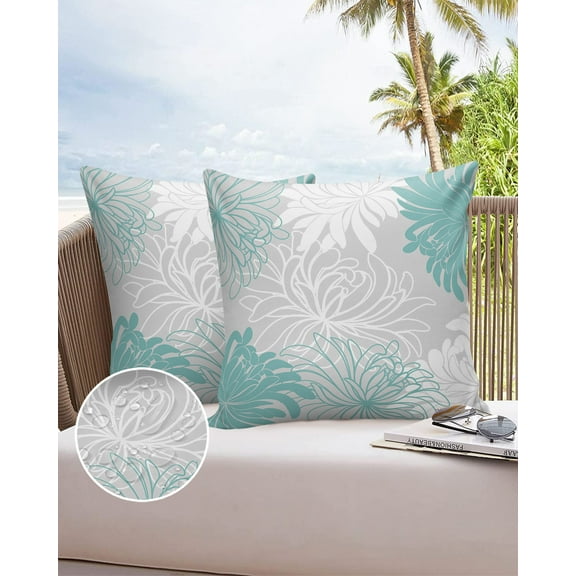 Outdoor Throw Pillow Cover Abstract Chrysanthemum Flower Waterproof Cushion Covers 2 Pack White and Teal Floral on Grey Pillow Cases Home Decoration for Patio Garden Couch Sofa