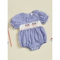 thumbnail image 5 of BemeyourBBs Newborn Baby Girl 4th of July Outfit Patriot Independent Day Clothes Smocked Bubble Romper Gingham Plaid Short Puff Sleeve Ruffled USA Flag Embroidery Bodysuit Jumpsuit, 5 of 9