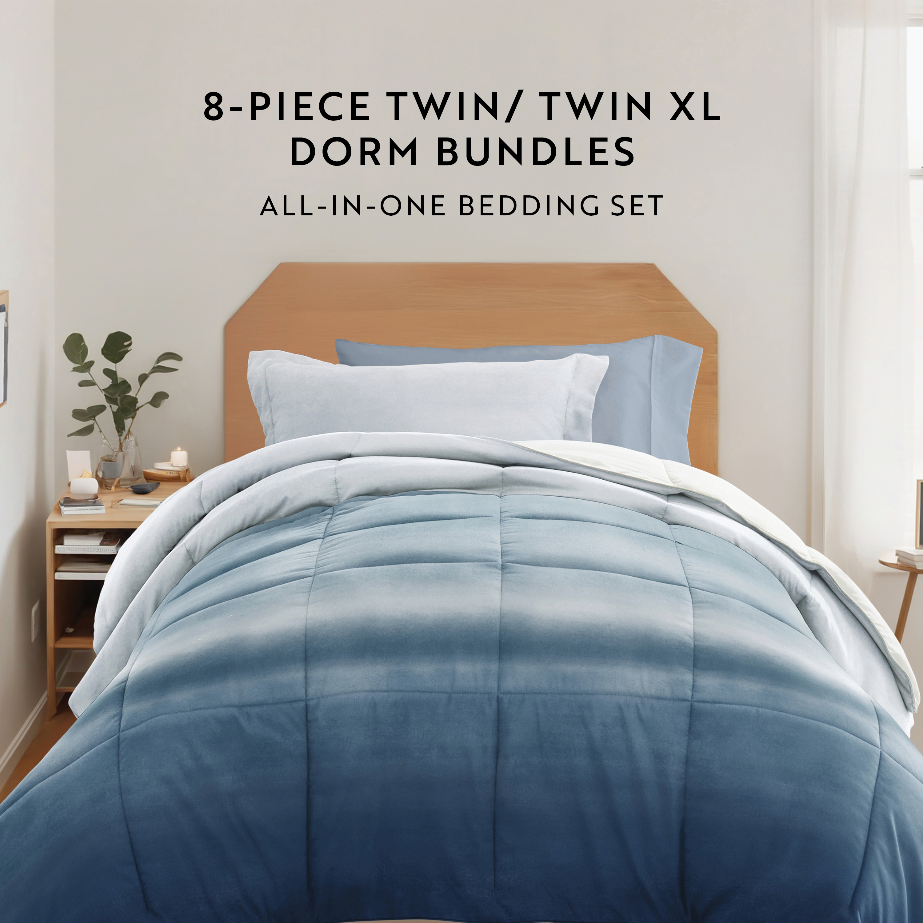 Noble Linens 8 Piece Dorm Bedding Bundle, Comforter & Sheet Set, Pillows, Laundry Bag