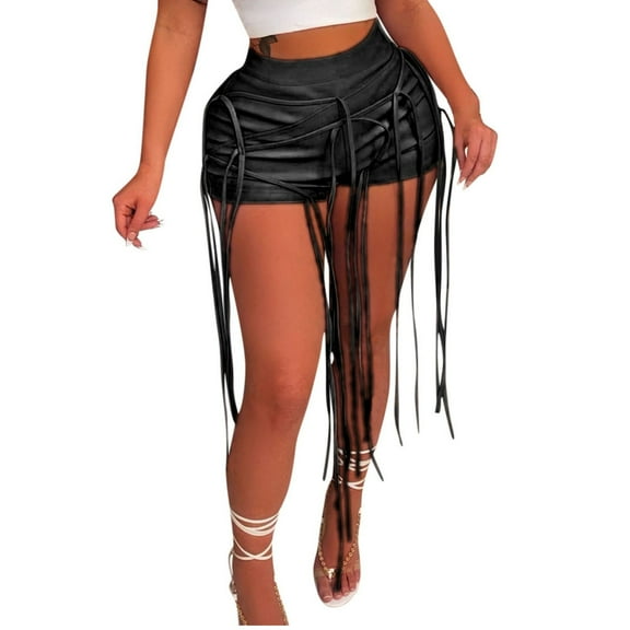 REALiKUN Women's Lace Up PU Leather Shorts High Waist Faux Leather Tassel Bandage Criss Cross Fringe Short Legging Pants