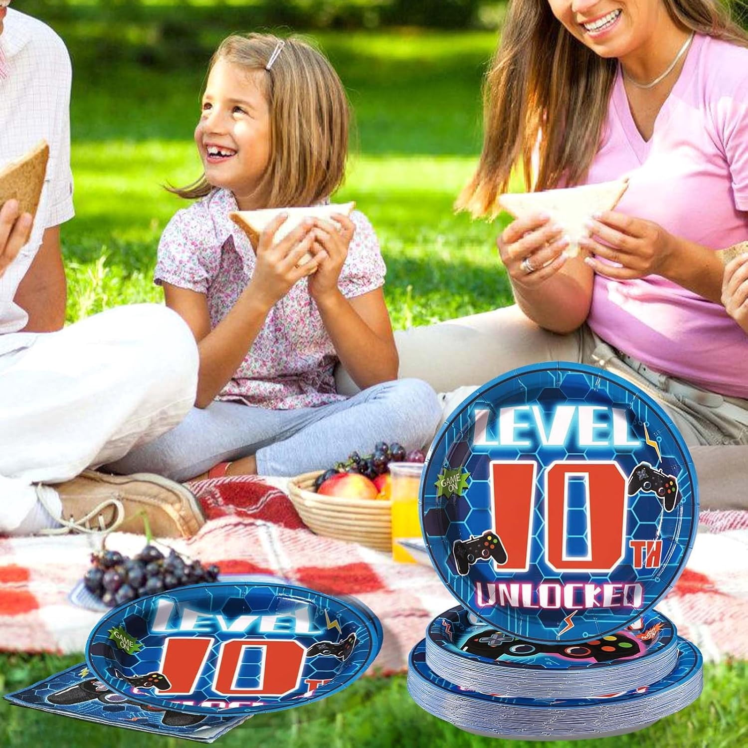 96 Pcs 10th Video Game Birthday Party Decorations Blue Video Game Level 10 Birthday Plates and Napkins Tableware Sets for Kids Boys 10 Years Old Gamer Gaming Party Supplies Favors Serves 24