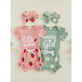 thumbnail image 3 of BemeyourBBs Newborn Baby Girls Summer Clothes Baby Girl Little Sister Mama's Girl Outfit Cute Letter Print Short Sleeve Ribbed Romper Elastic Strawberry Floral Ruffled Shorts Headband 3-Piece Set, 3 of 9
