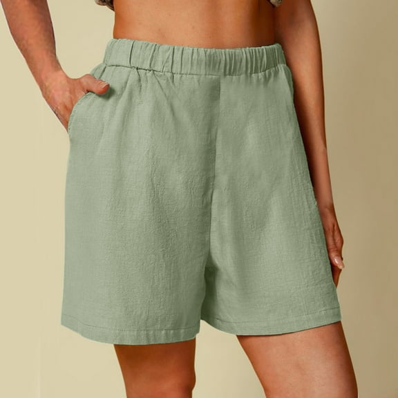 IDALL Athletic Shorts for Women Linen Shorts Women Casual Solid High Waist Cotton And Linen Shorts Womens Elastic Waist Summer Shorts Running Shorts Summer Shorts Army Green 2XL