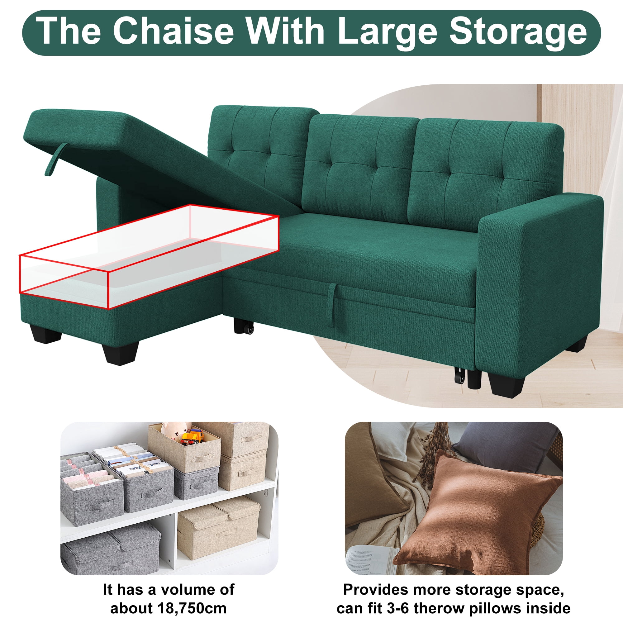 DEALTOPS Linen Reversible Sleeper Sectional Sofa Bed with Storage Chaise,Green