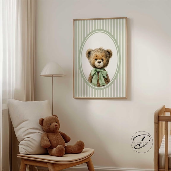 Nursery Art Bear, Cute Bear Wall Art Prints, Vintage Nursery Art, Nursery Wall Art, Sage Green Nursery Decor, Wall Art Home Decor #2, Unframed Poster Size 8x12
