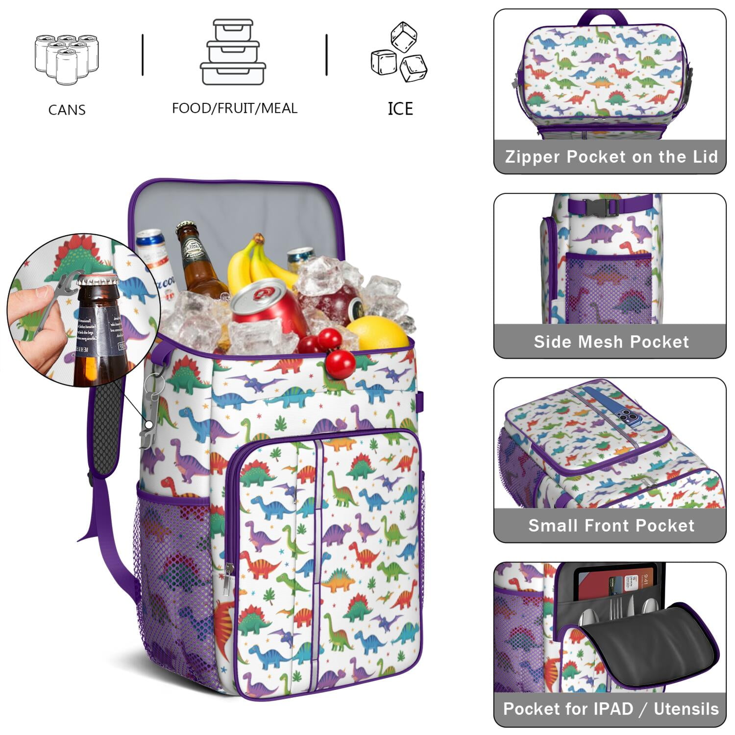 Travel Cooler Bag - White Cartoon Dinosaurs Stars Pattern Camping Beer Cooler Backpack with Bottle Opener- Waterproof Insulated Picnic Backpacks - Cooler Bag for Beach