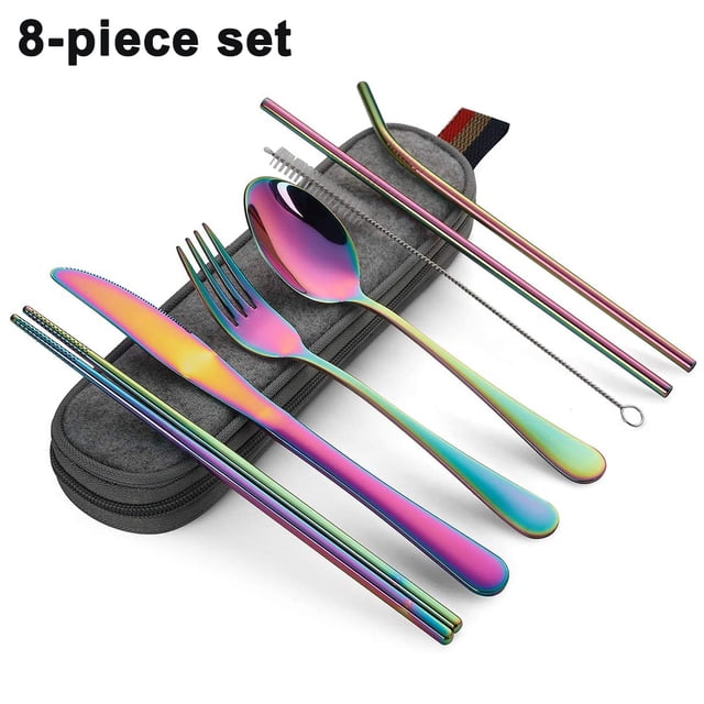 Juego de Cubiertos Reutilizables con Estuche Utensilios de Viaje portátiles Juego de Cubiertos Juego de Cubiertos de Acero Inoxidable para Acampar 8 Piezas Incluye Cuchillo Tenedor Cuchara Palillos